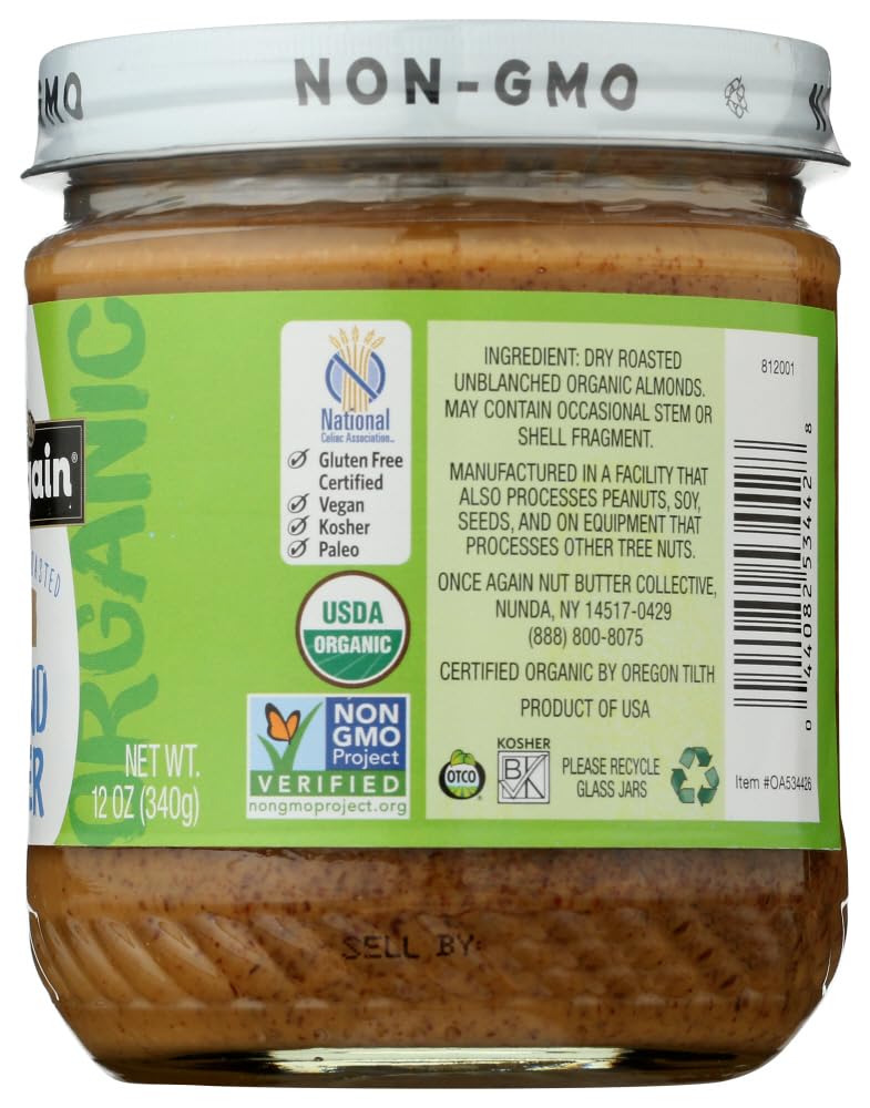 Organic Creamy Almond Butter – Unsweetened, 12 oz, 6 Pack