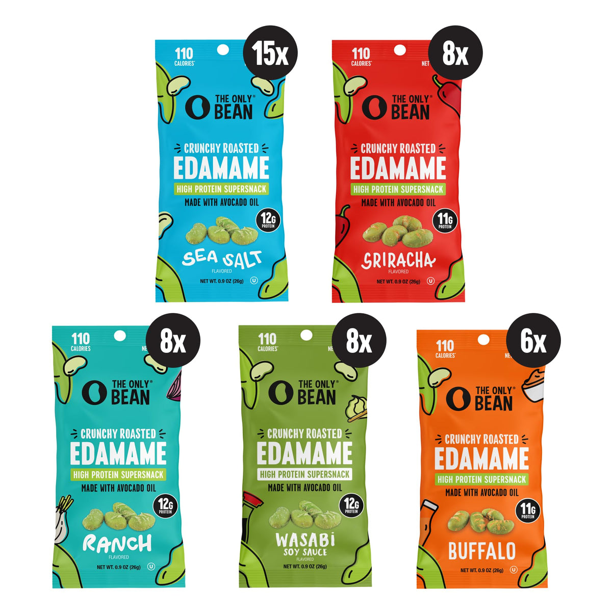 High-Protein Roasted Edamame Snacks – Variety Pack, 45 Count